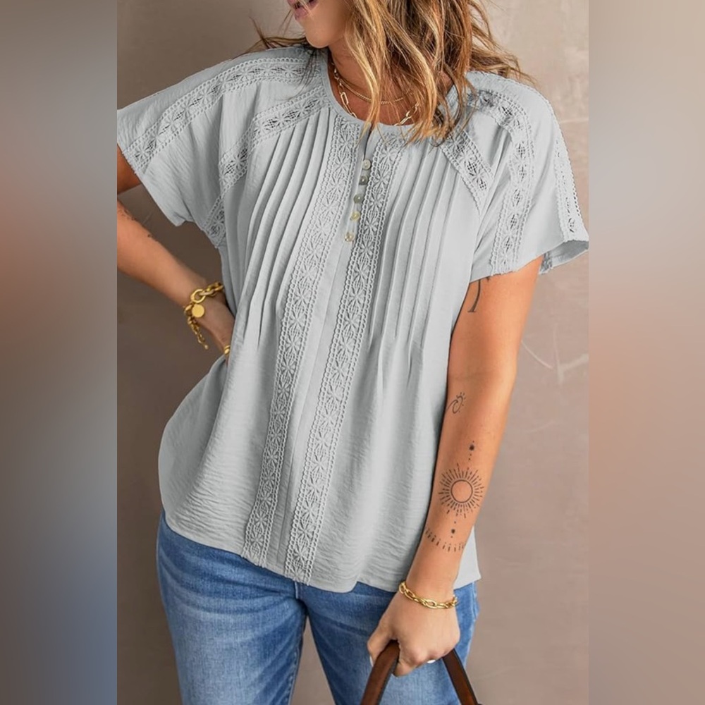 Meufam Short Sleeve V-Neck Lace Button Short Sleeve Top Blouse XL